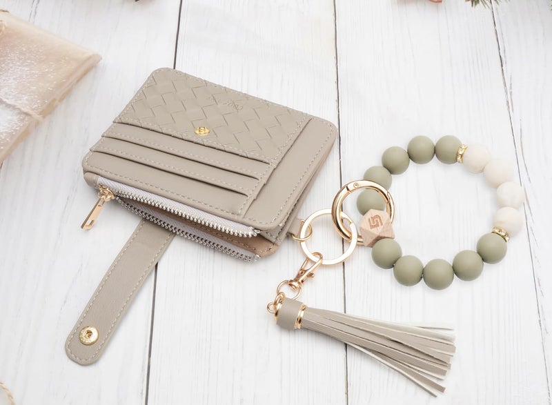 COOLANS Wristlet Bracelet Keychain Pocket Credit Card Holder Purse Tassel Keychain Bangle Key Ring for Women (Silicone Bead Bracelet+Card Purse (Grey)) - Image 4